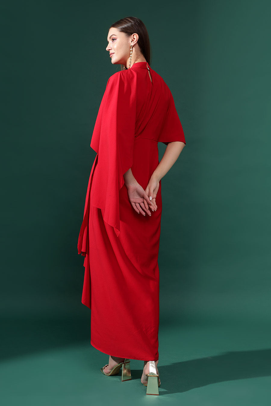 Red Embroidered Drape Dress