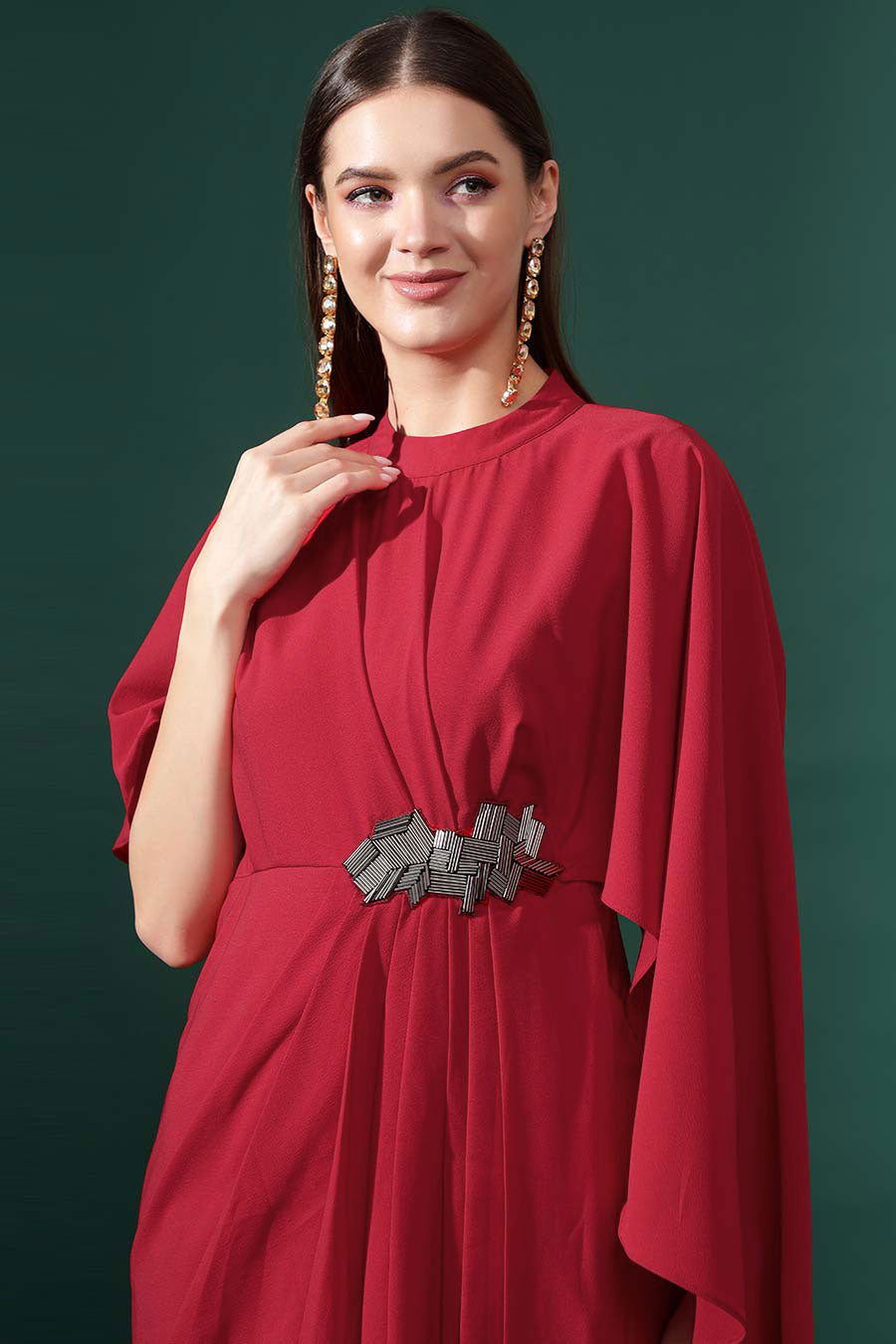 Red Embroidered Drape Dress