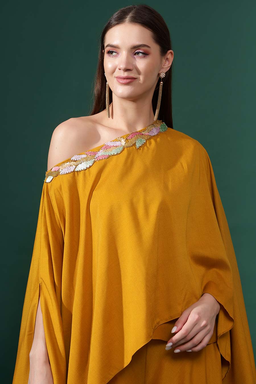 Yellow One-Shoulder Tunic & Flared Pant Set