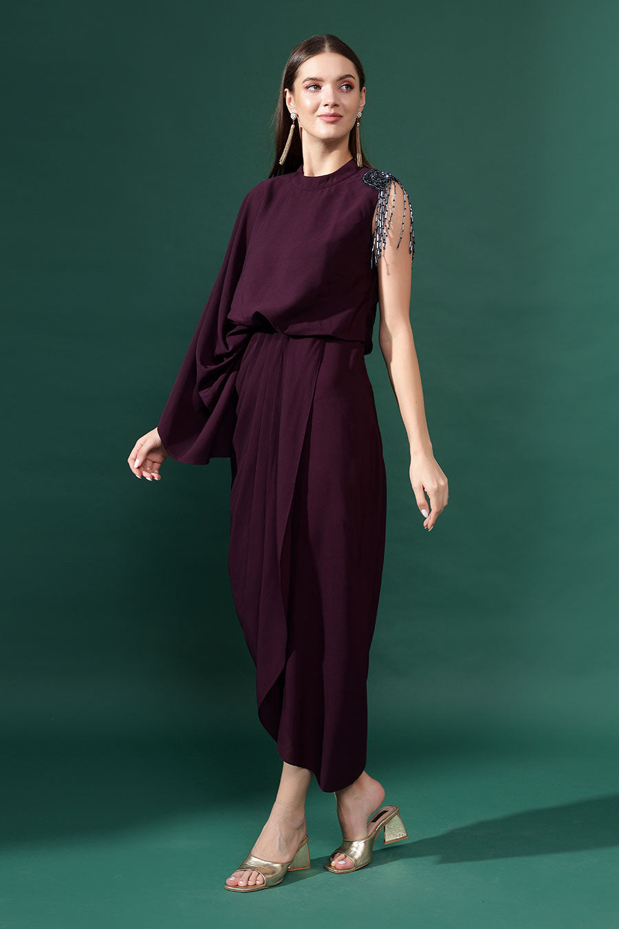Purple Embellished Draped Dress