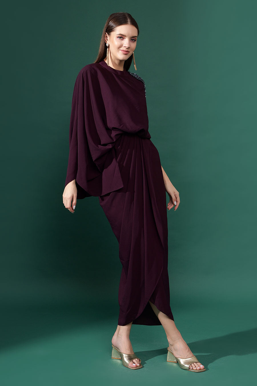 Purple Embellished Draped Dress