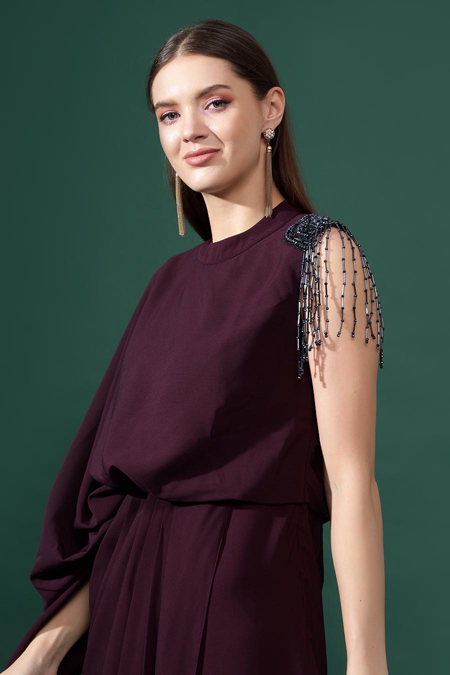 Purple Embellished Draped Dress