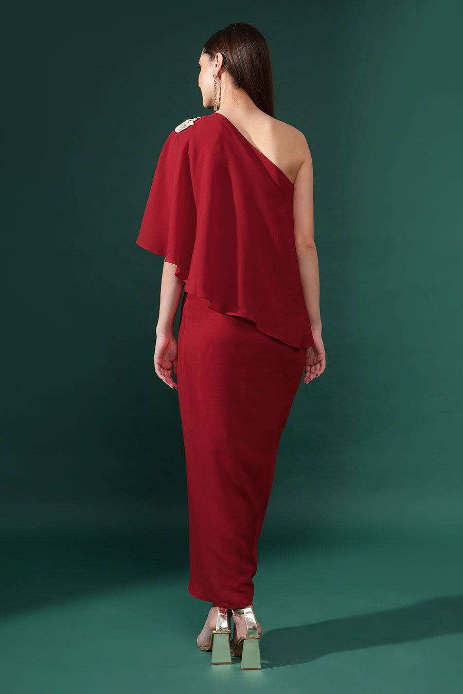 Red One-Shoulder Embellished Drape Dress