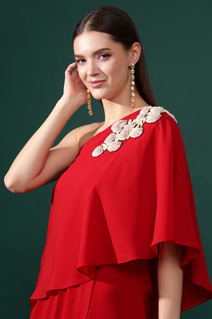 Red One-Shoulder Embellished Drape Dress