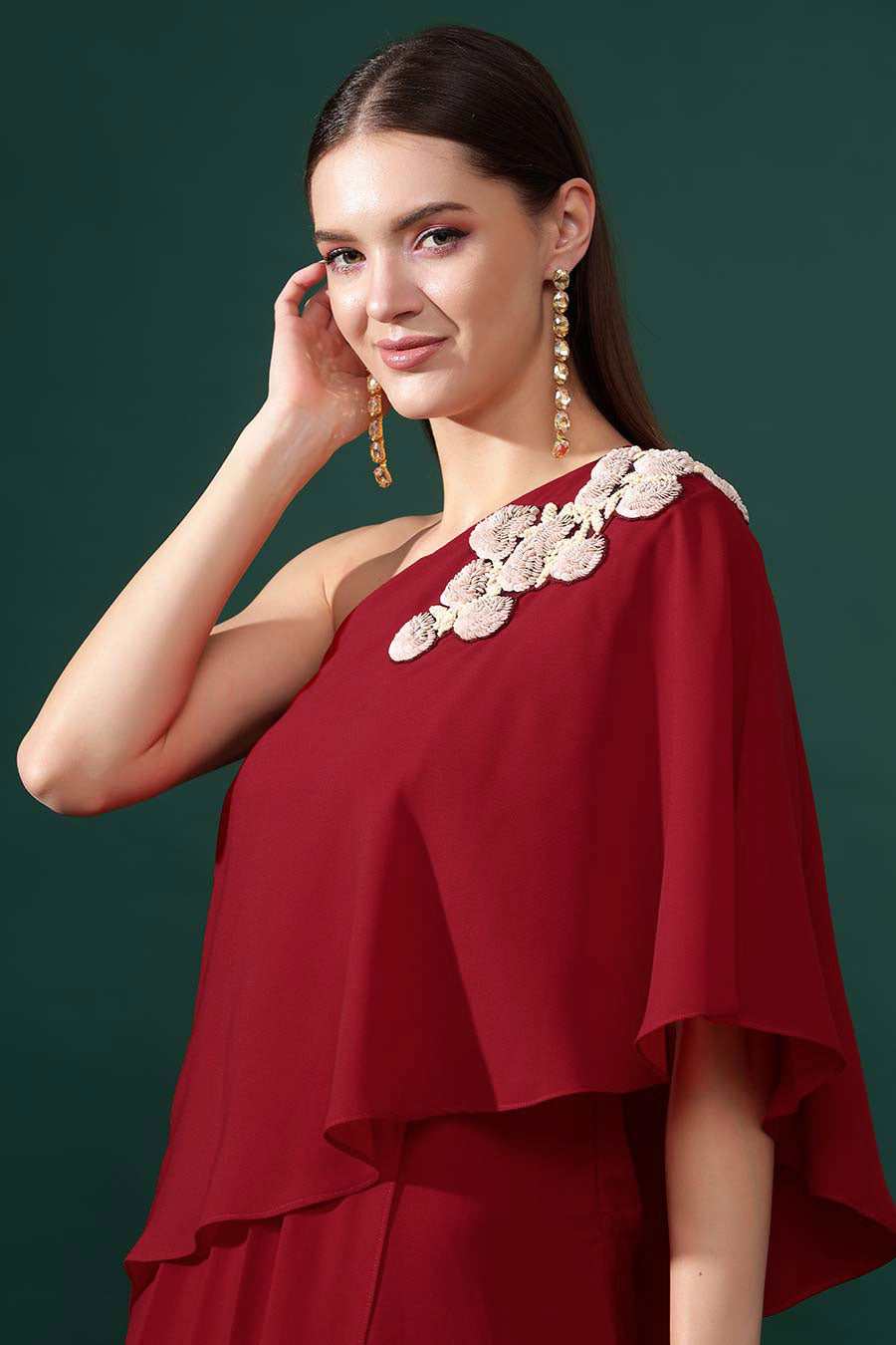 Red One-Shoulder Embellished Drape Dress