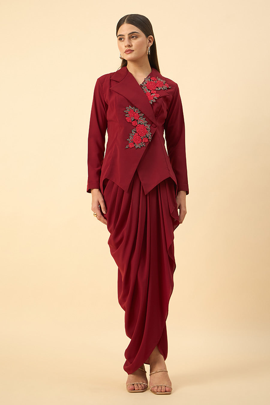 Red Floral Embroidered Blazer & Skirt Set
