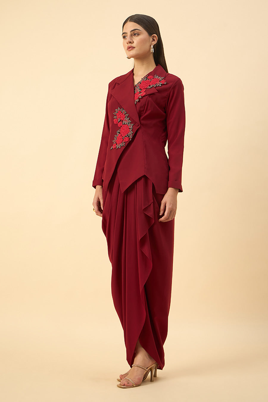 Red Floral Embroidered Blazer & Skirt Set
