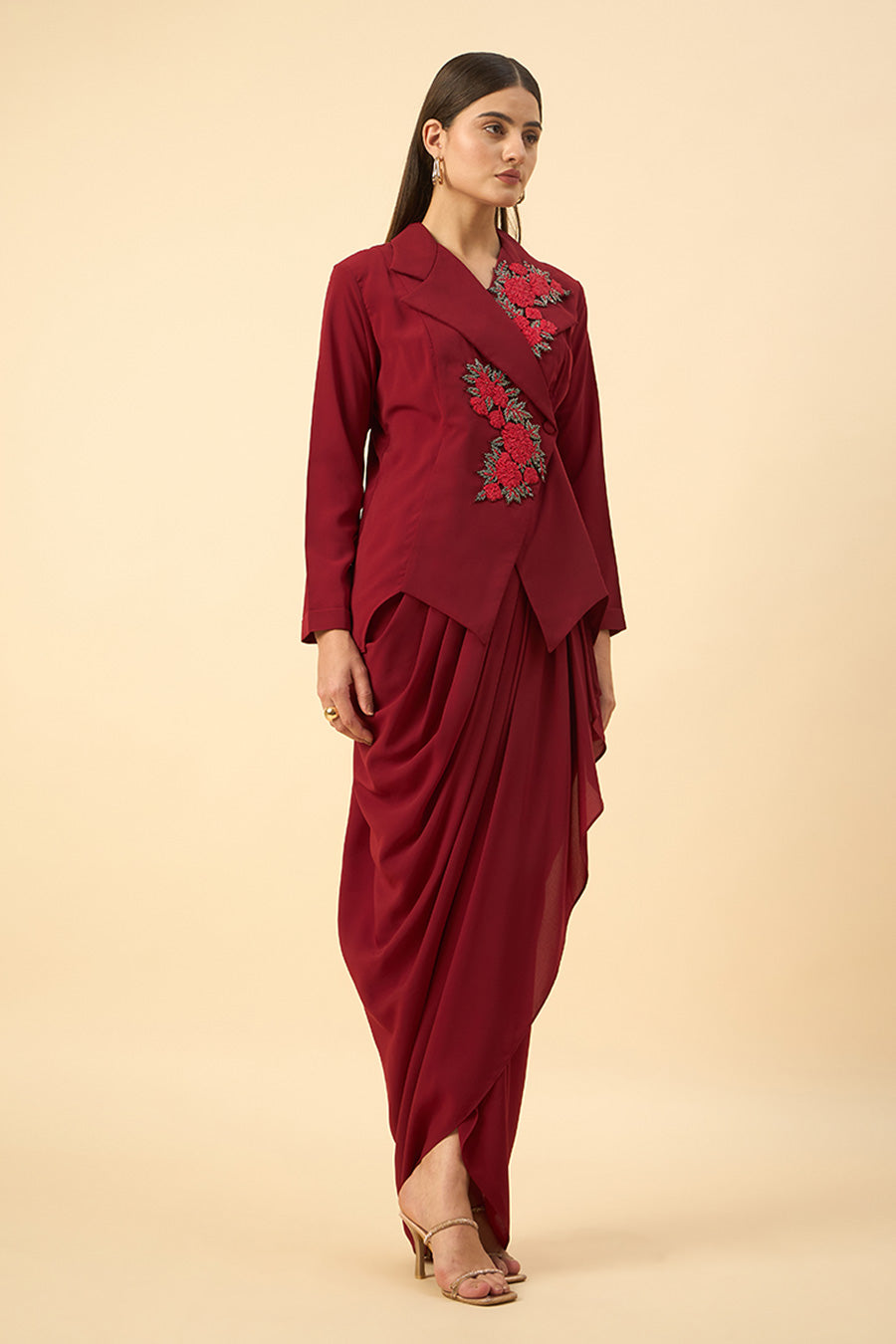 Red Floral Embroidered Blazer & Skirt Set