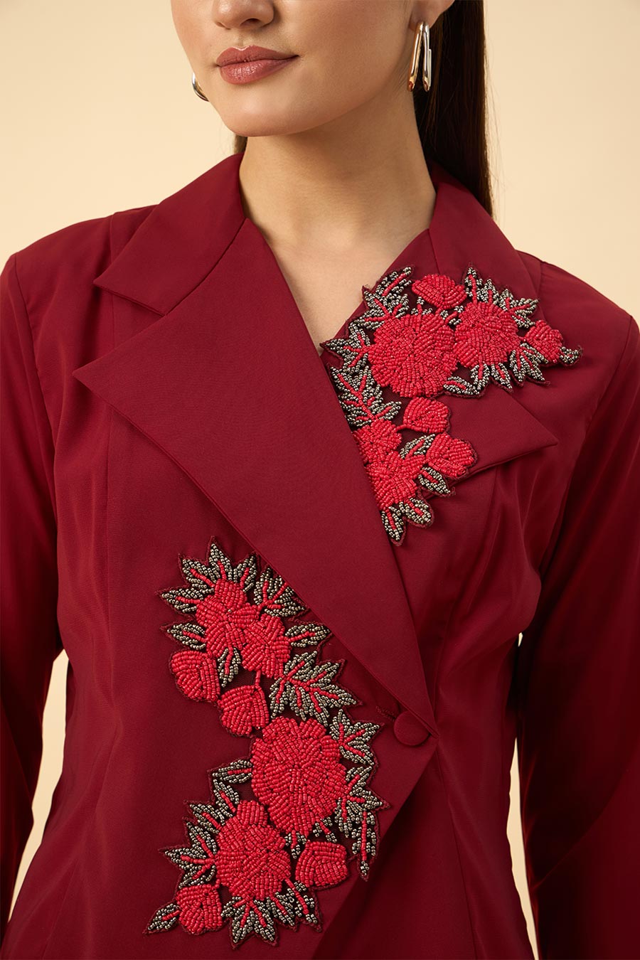 Red Floral Embroidered Blazer & Skirt Set