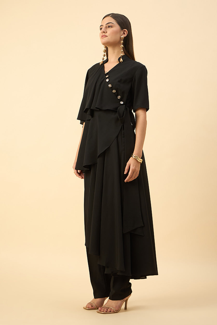 Black Flared Drape Tunic Co-Ord Set