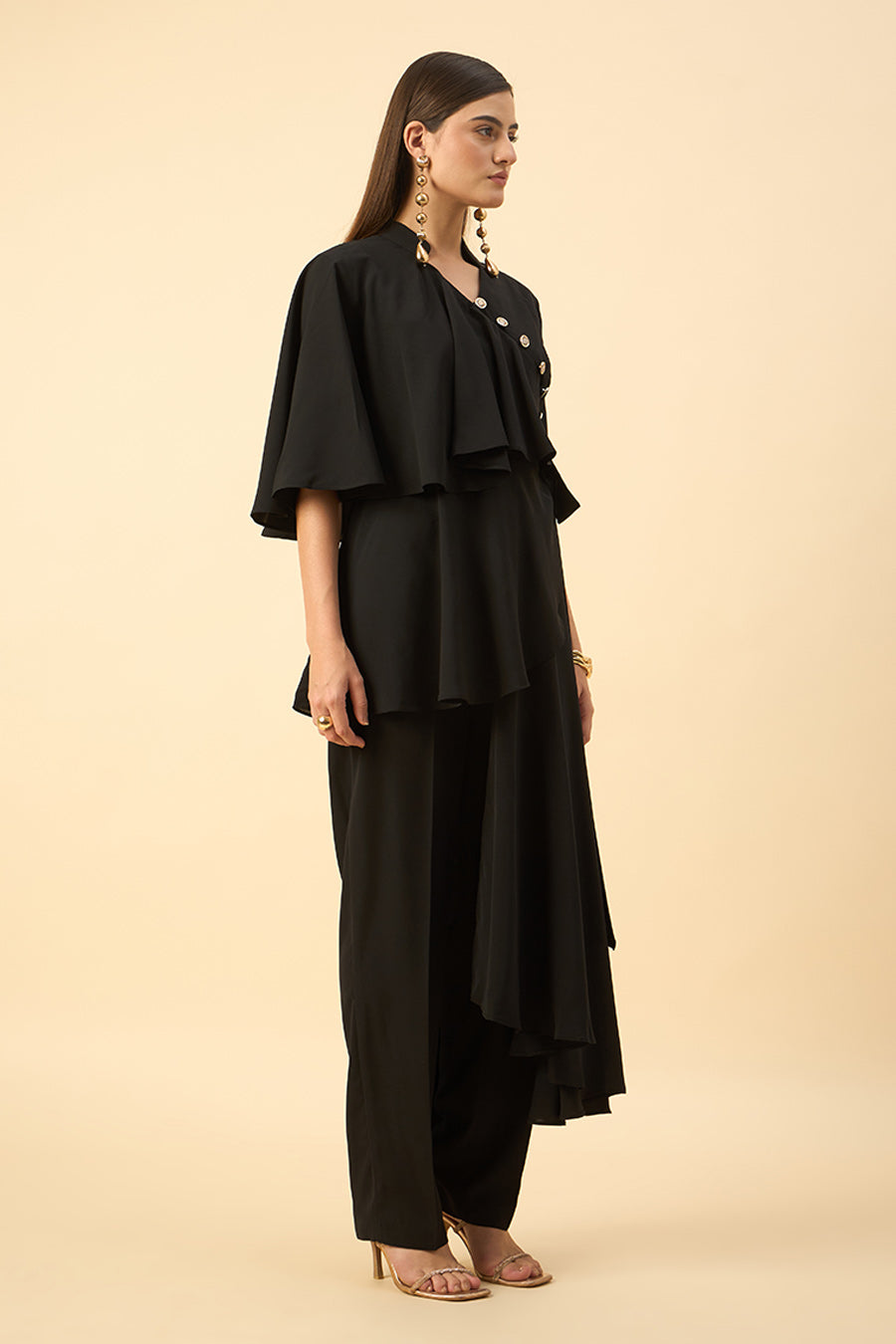 Black Flared Drape Tunic Co-Ord Set