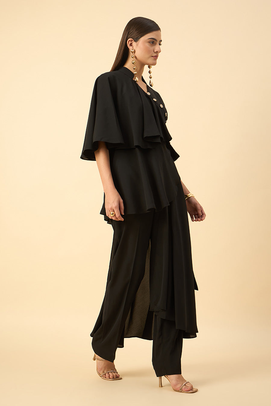 Black Flared Drape Tunic Co-Ord Set