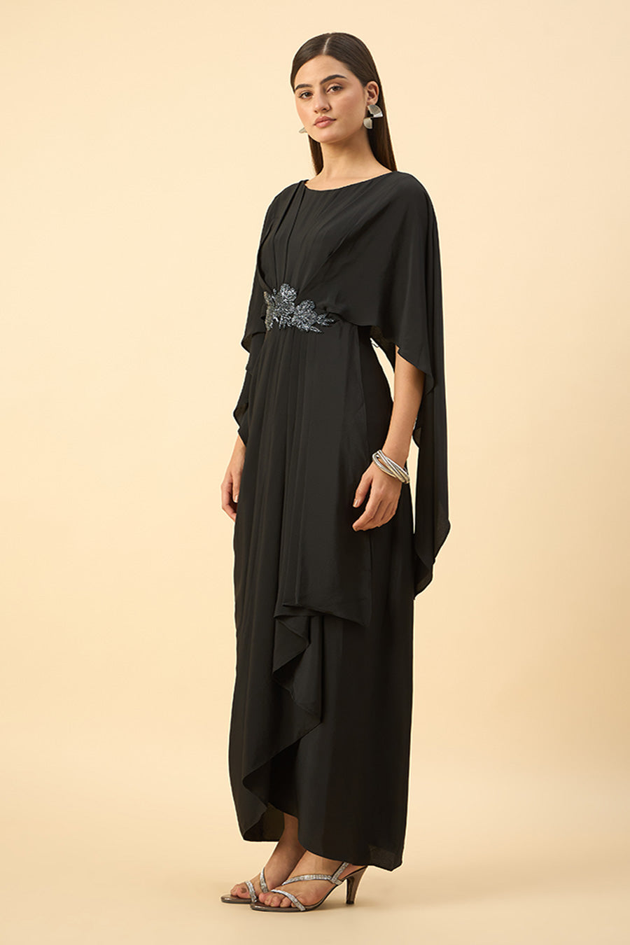 Black Crystal Embellished Drape Dress