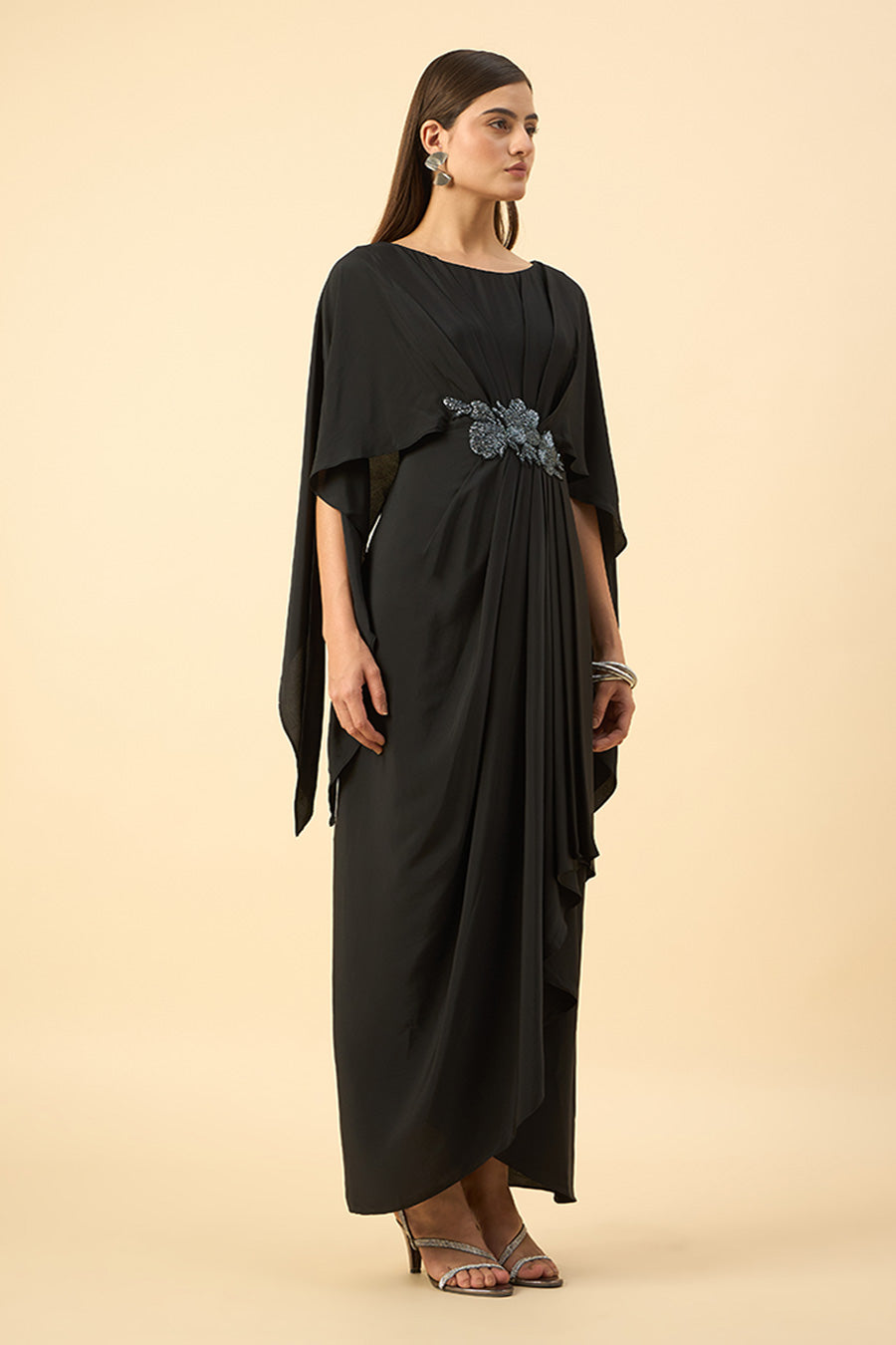 Black Crystal Embellished Drape Dress