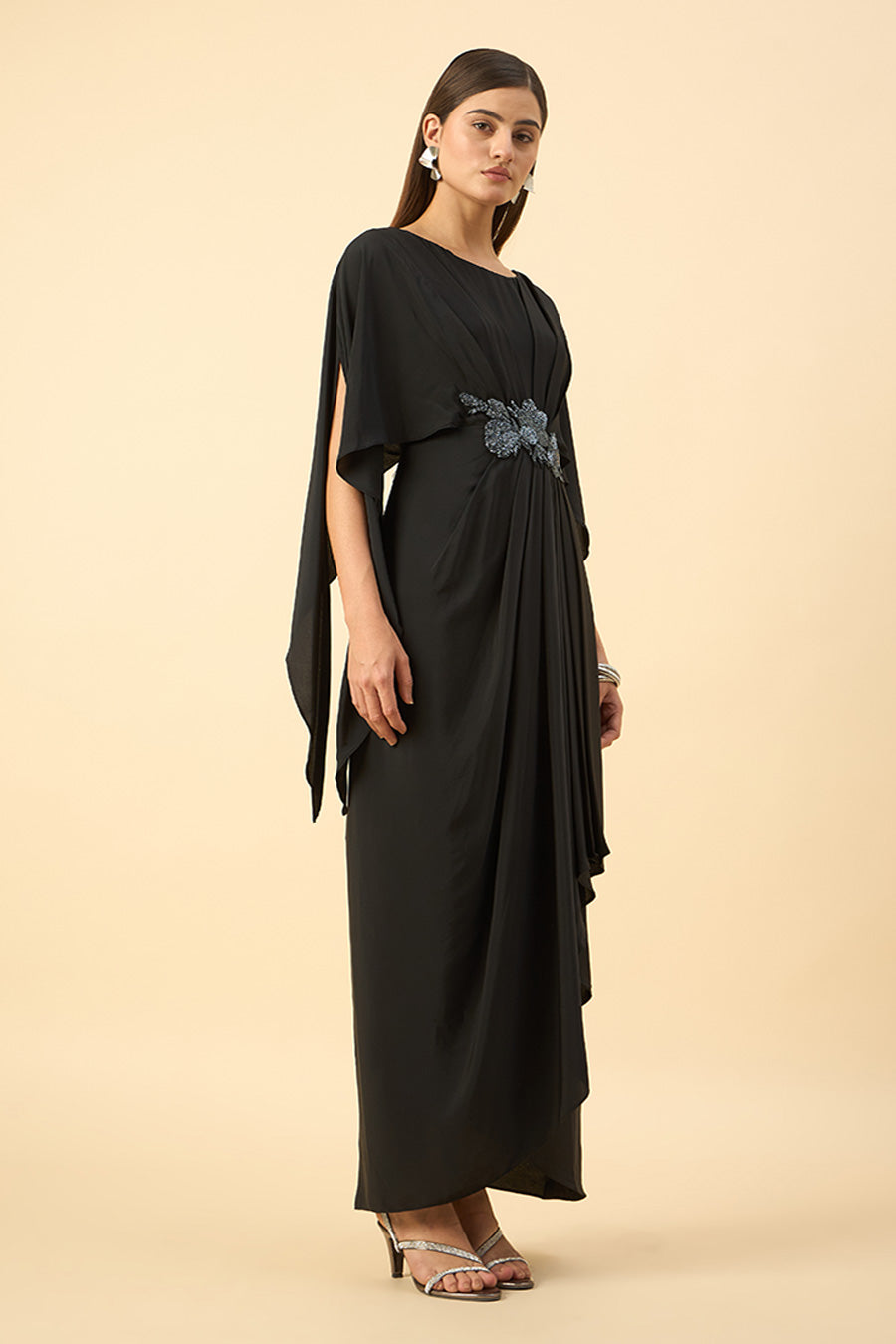 Black Crystal Embellished Drape Dress