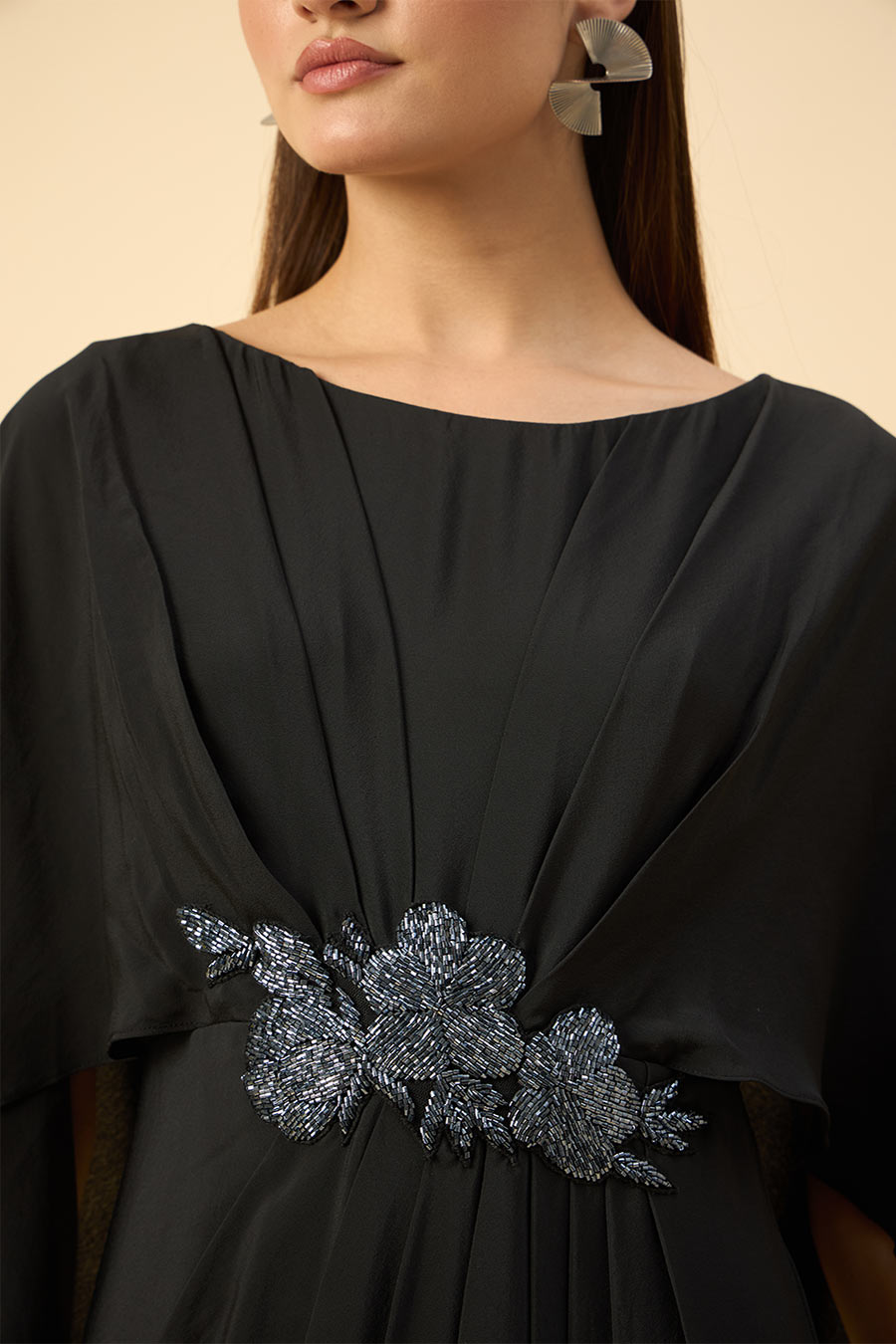 Black Crystal Embellished Drape Dress