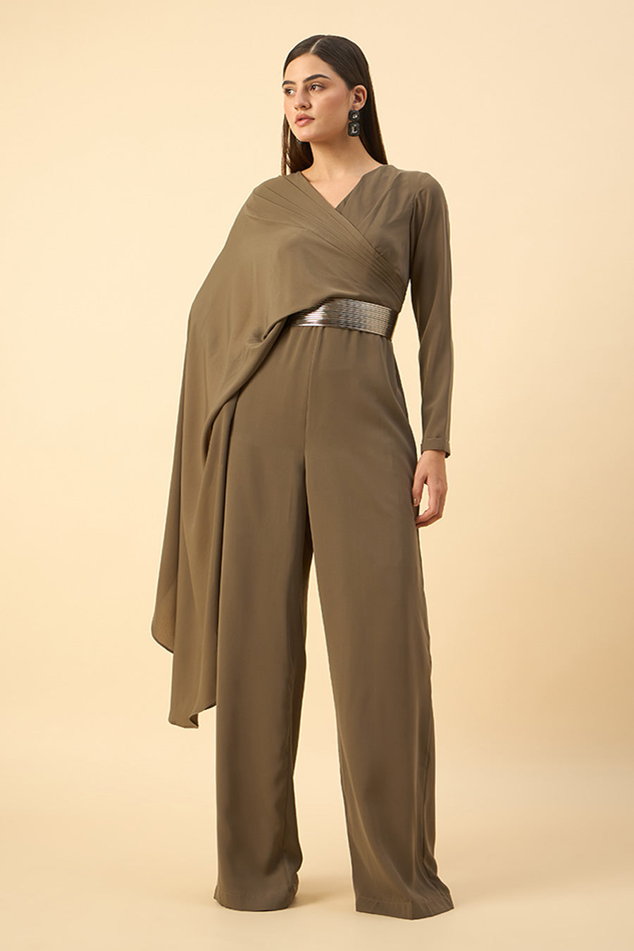 Oilve Draped Jumpsuit With Metallic Finish Belt