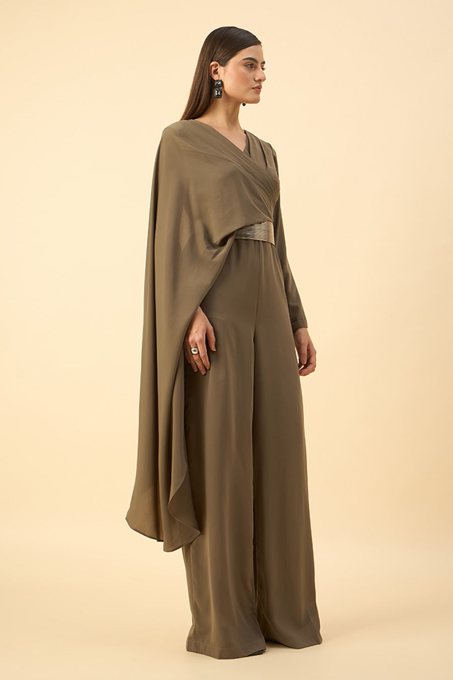 Oilve Draped Jumpsuit With Metallic Finish Belt
