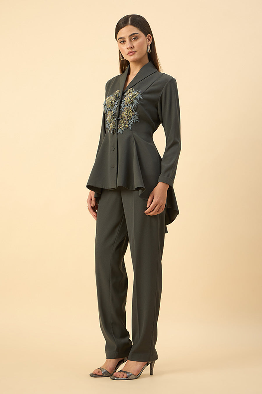 Grey Embroidered Peplum Blazer Co-Ord Set