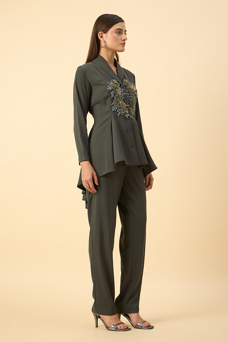 Grey Embroidered Peplum Blazer Co-Ord Set