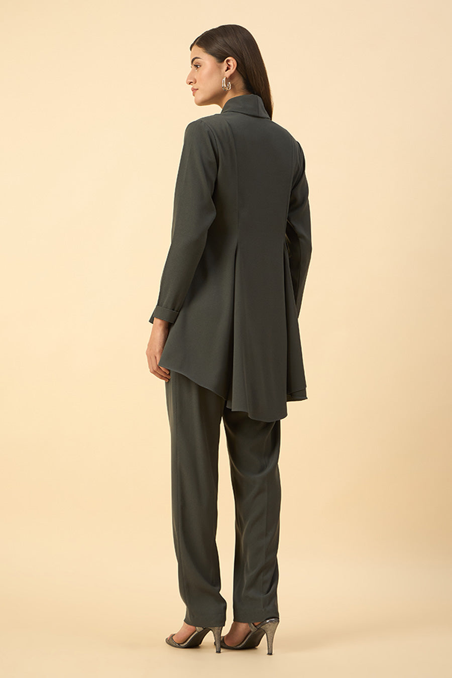 Grey Embroidered Peplum Blazer Co-Ord Set