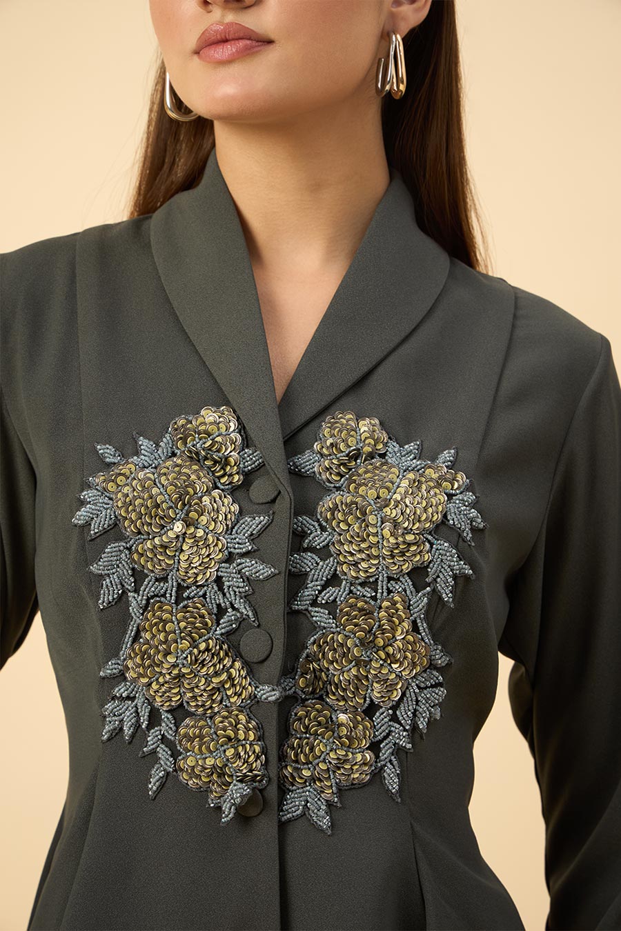 Grey Embroidered Peplum Blazer Co-Ord Set