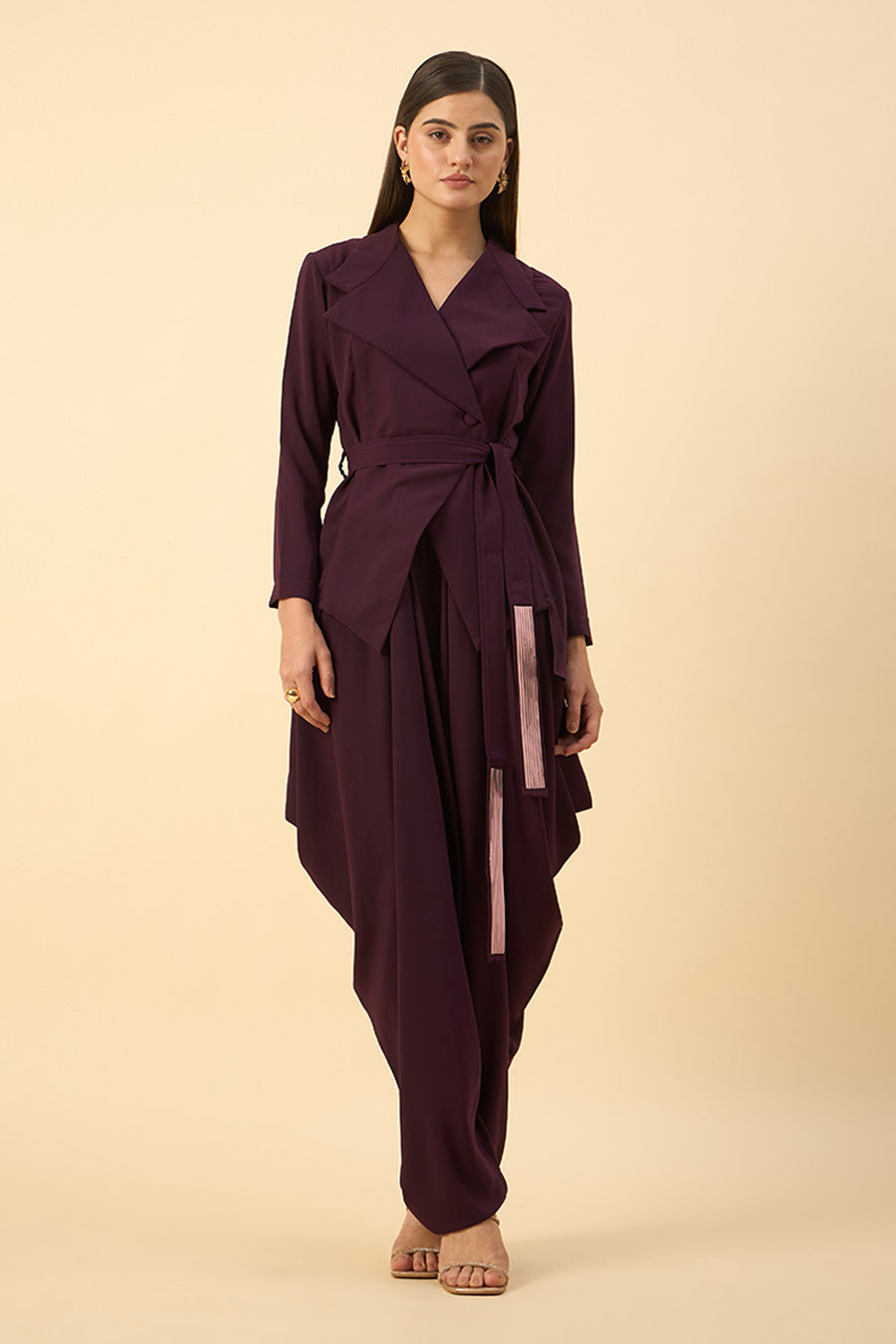 Purple Blazer & Zouave Set With Tie-Up Belt