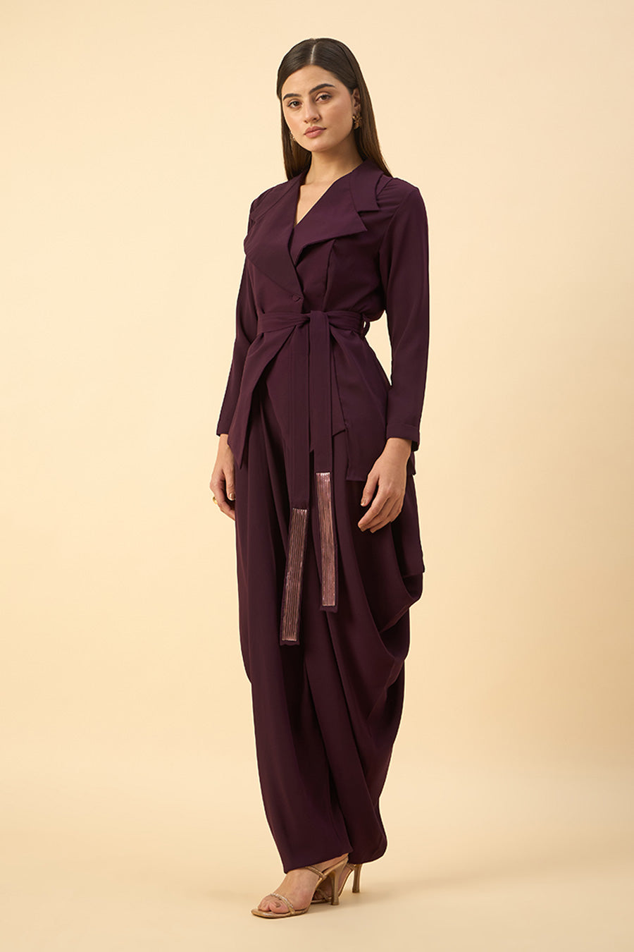 Purple Blazer & Zouave Set With Tie-Up Belt
