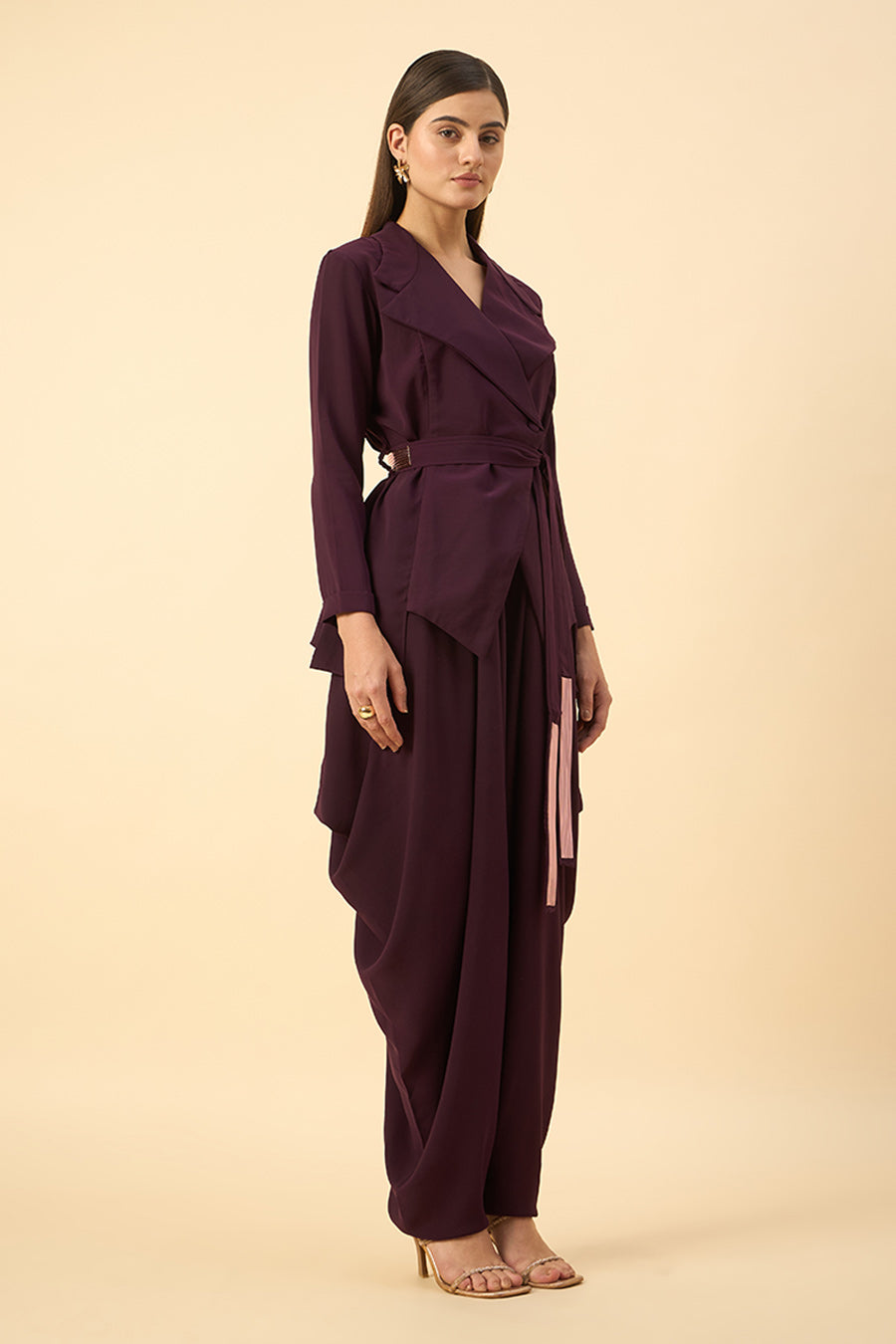 Purple Blazer & Zouave Set With Tie-Up Belt