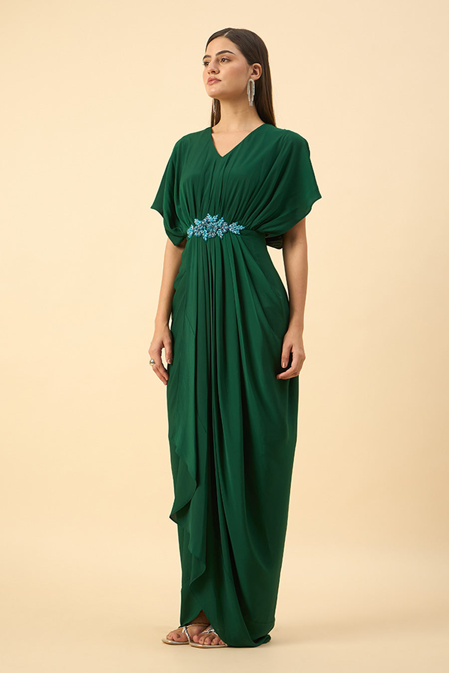 Emerald Green Embroidered Drape Dress