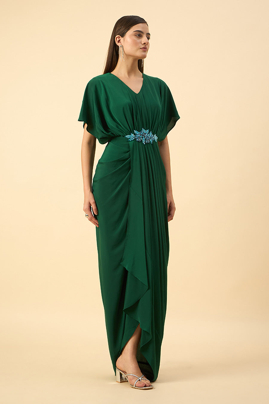 Emerald Green Embroidered Drape Dress