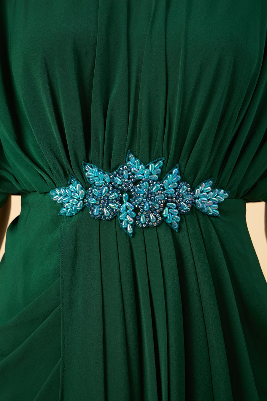 Emerald Green Embroidered Drape Dress