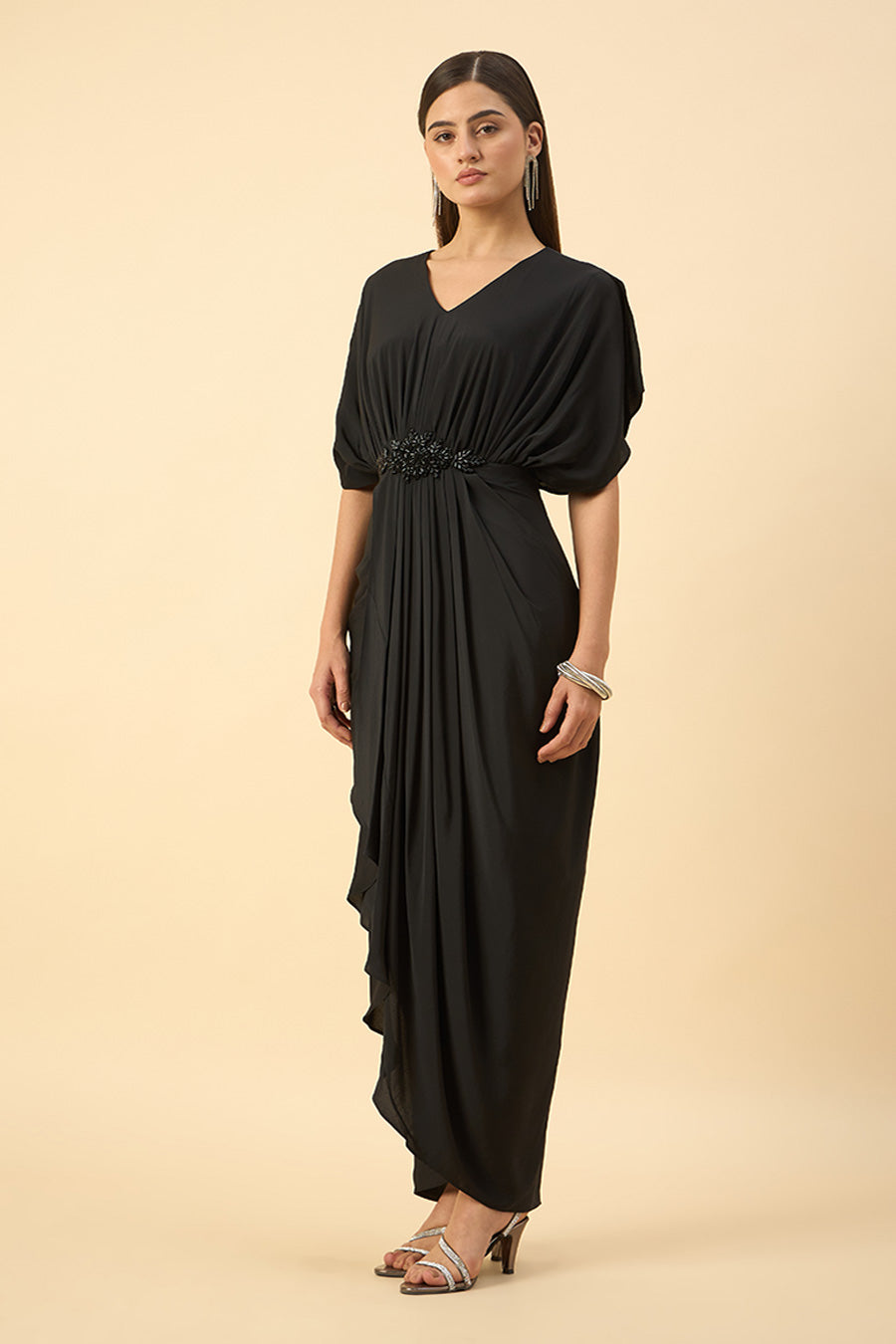 Black Crystal Embroidered Drape Dress