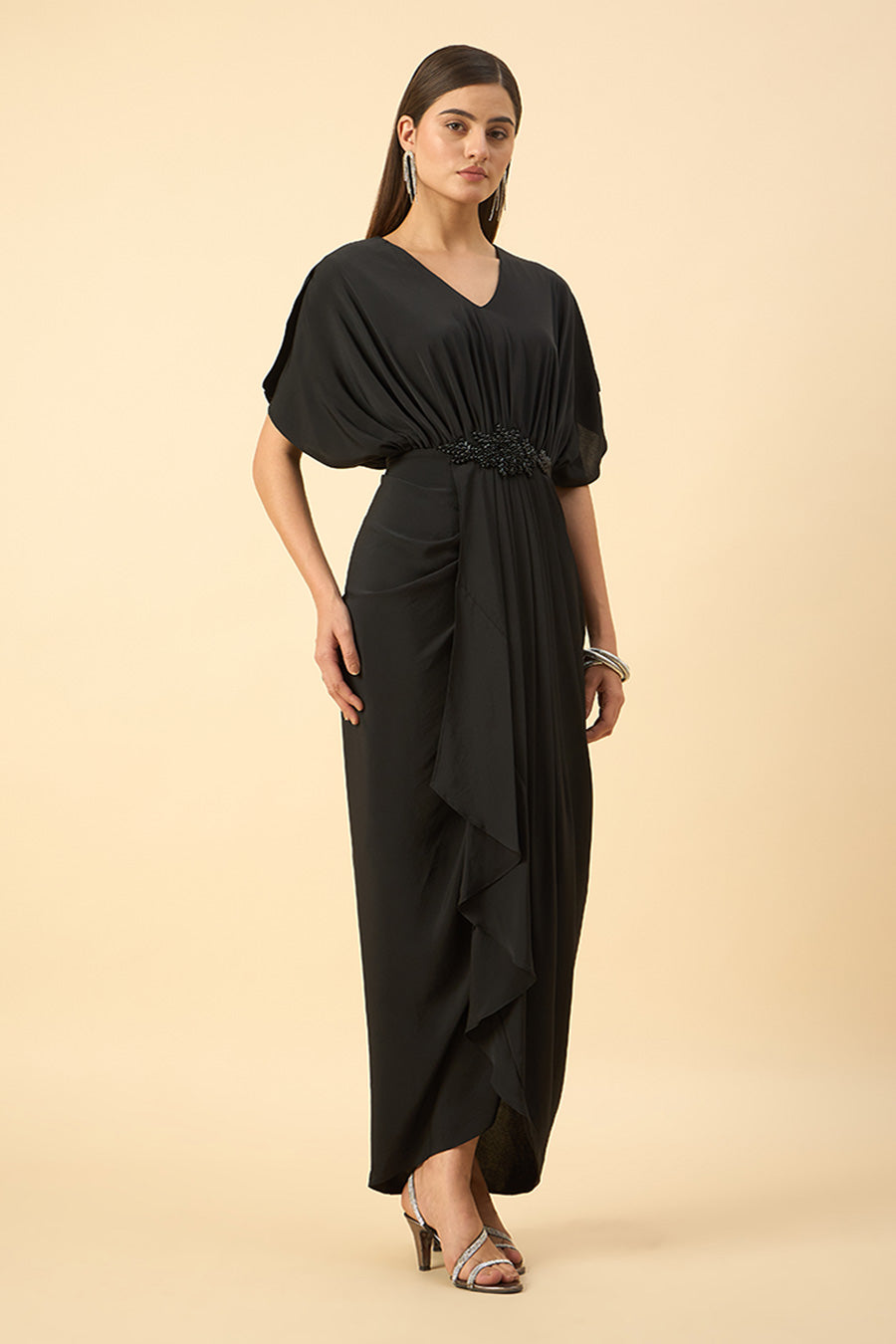 Black Crystal Embroidered Drape Dress