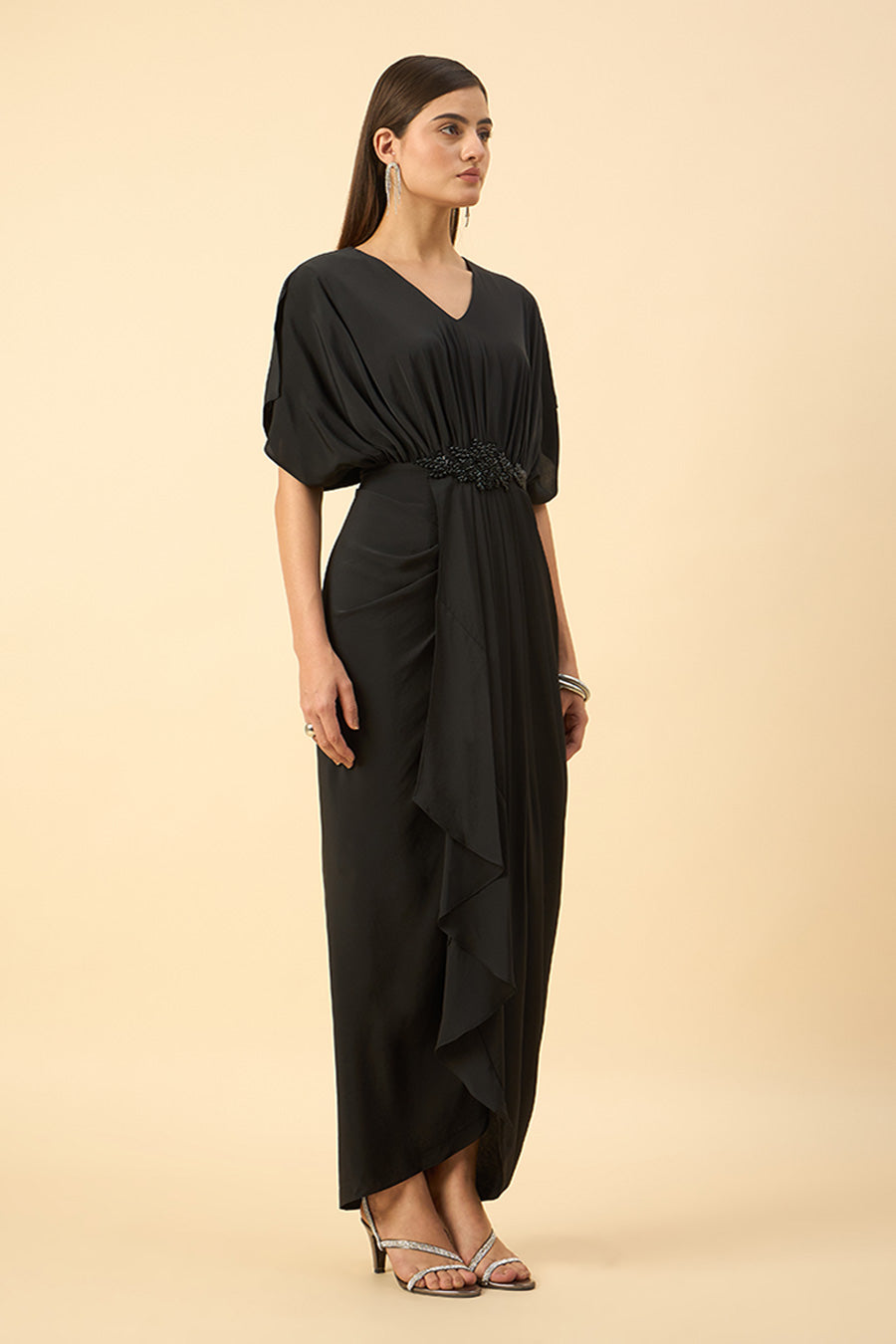 Black Crystal Embroidered Drape Dress