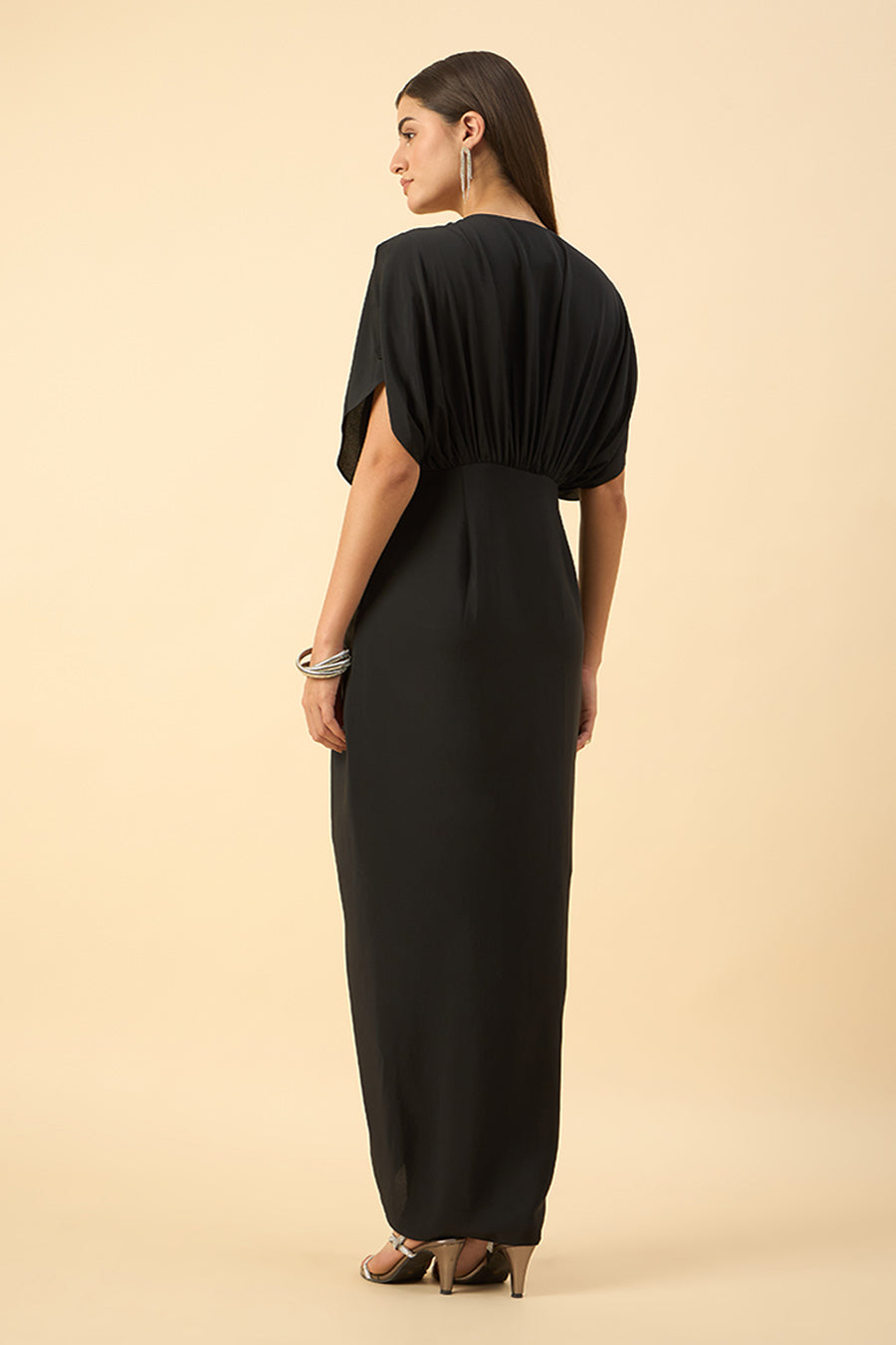 Black Crystal Embroidered Drape Dress
