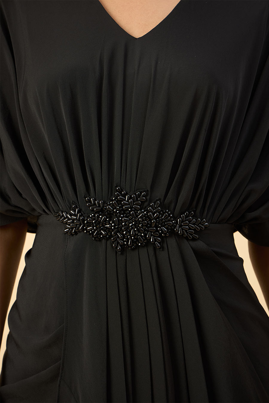 Black Crystal Embroidered Drape Dress