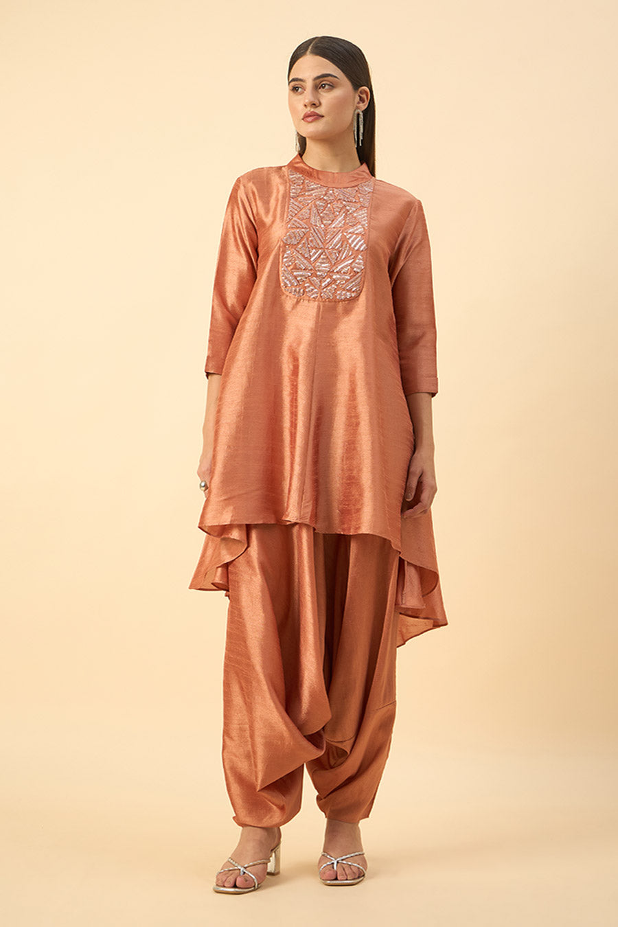 Orange Silk Embroidered Tunic & Zouave Set