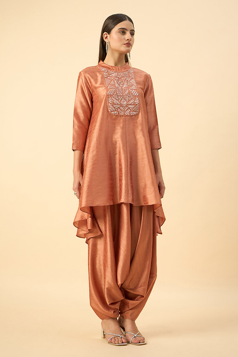 Orange Silk Embroidered Tunic & Zouave Set