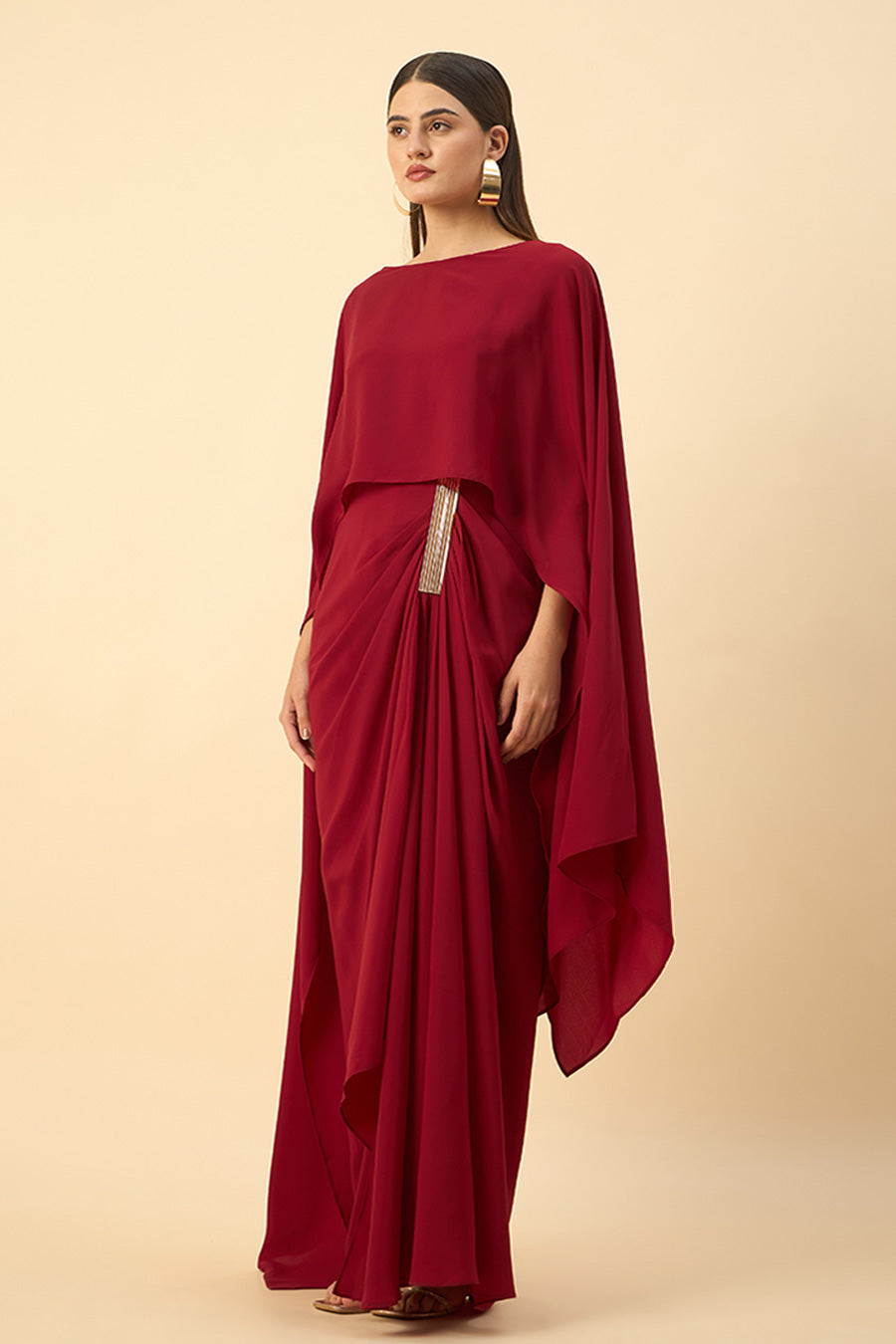 Elyna Red Embellished Drape Dress