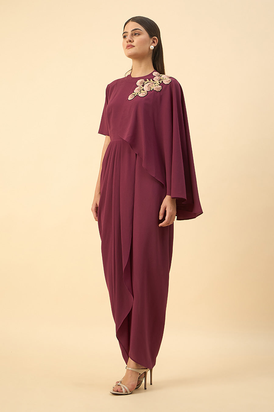 Purple Blossom Embroidered Drape Dress