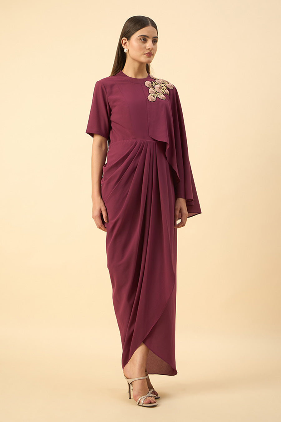 Purple Blossom Embroidered Drape Dress