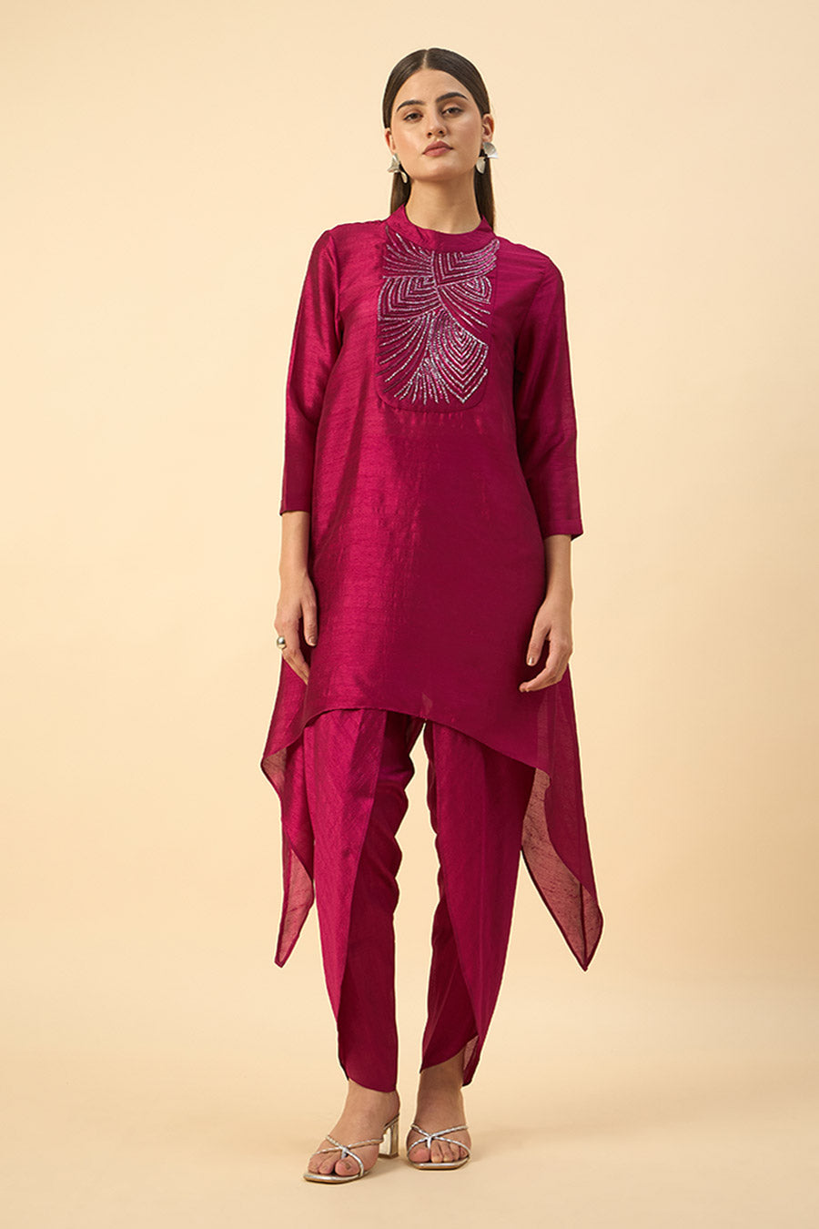 Pink Silk Embroidered Tunic & Dhoti Set