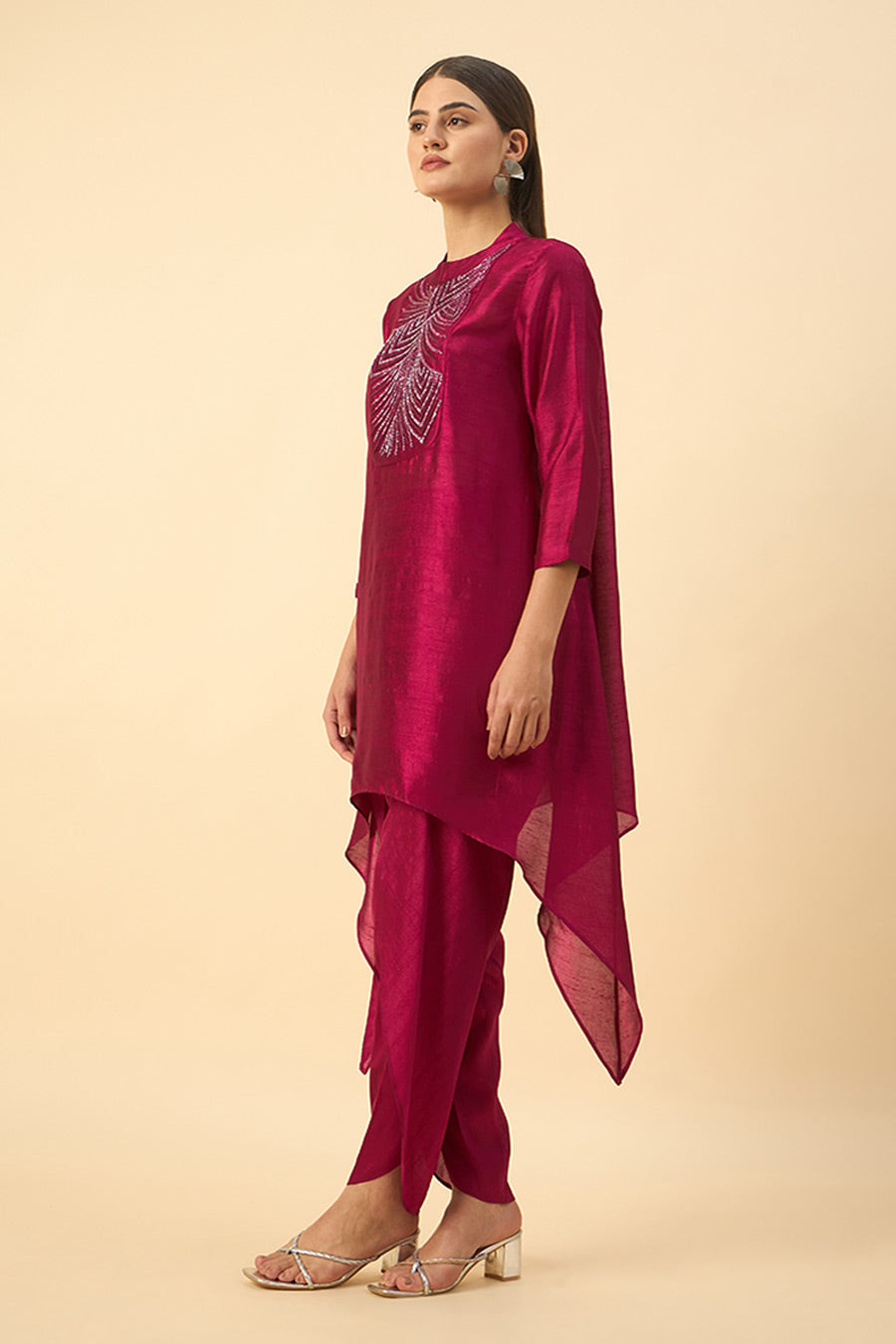 Pink Silk Embroidered Tunic & Dhoti Set