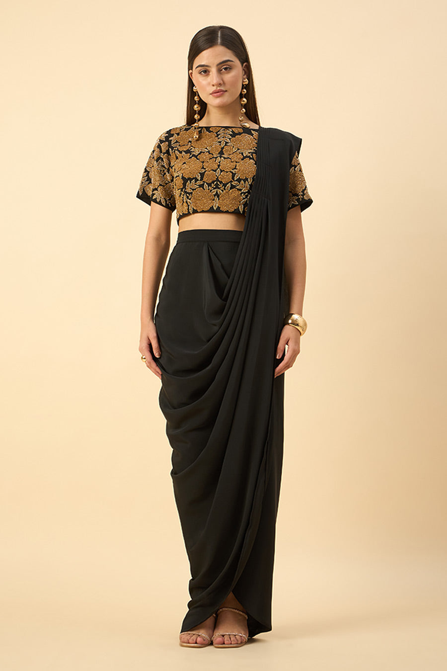 Black Pre-Draped Saree With Embellished Gold Blouse
