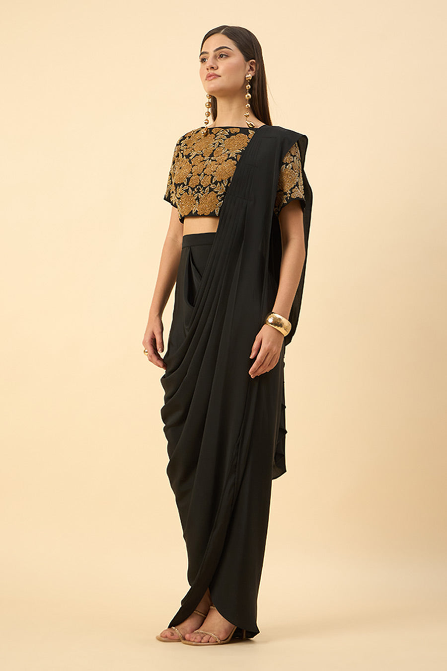 Black Pre-Draped Saree With Embellished Gold Blouse