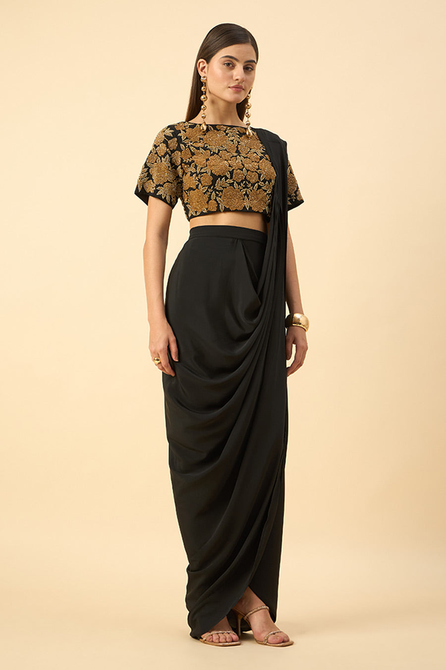 Black Pre-Draped Saree With Embellished Gold Blouse