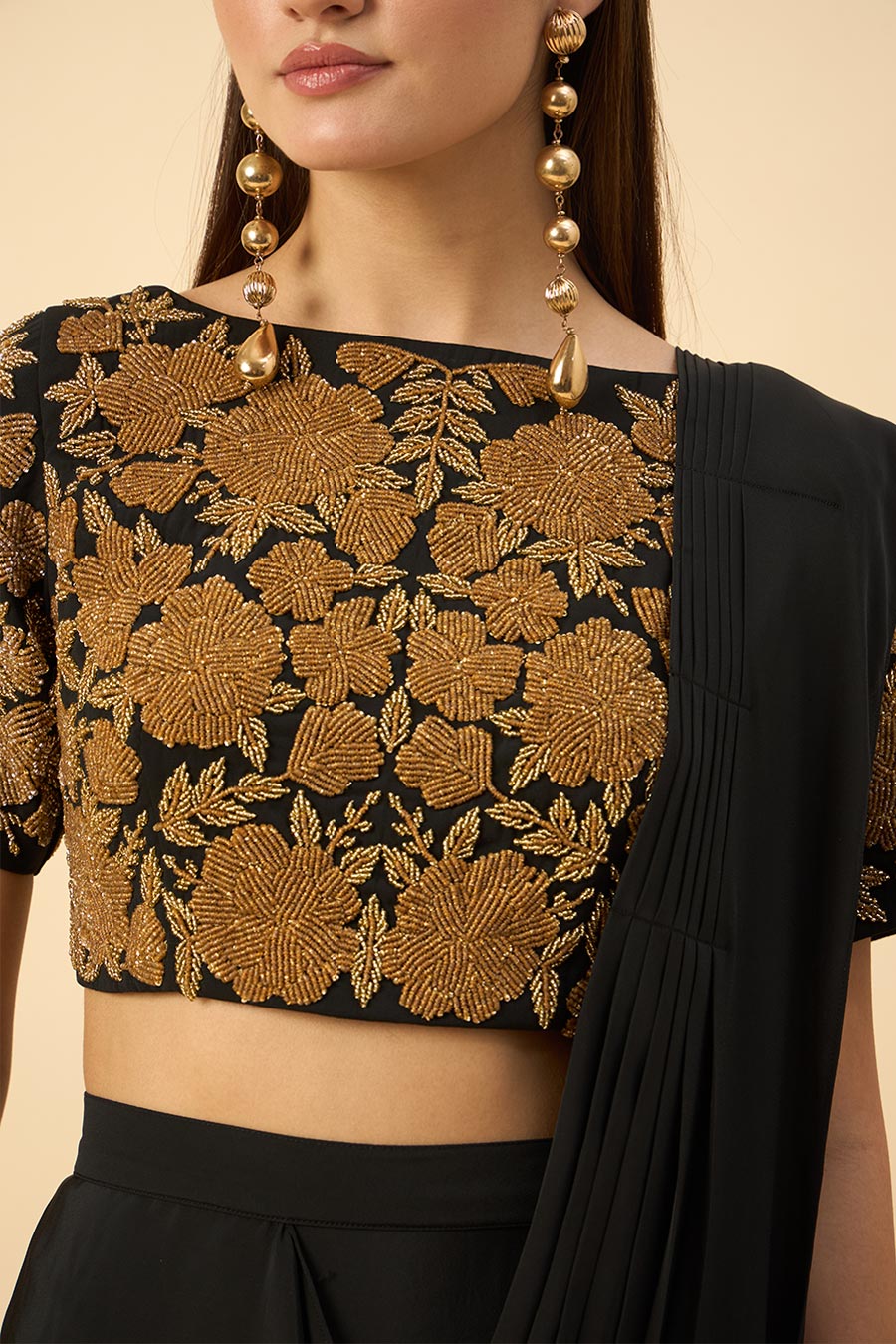 Black Pre-Draped Saree With Embellished Gold Blouse