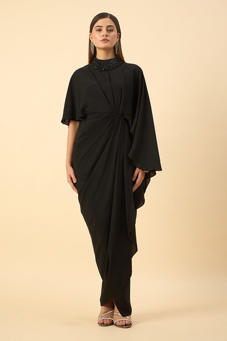 Black Crystal Embroidered Drape Dress