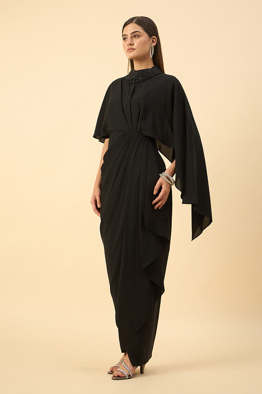 Black Crystal Embroidered Drape Dress